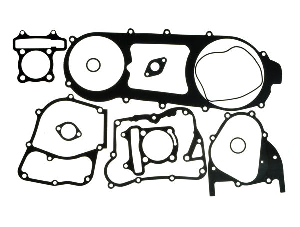 Gasket Set for 150cc GY6 Long Case Scooter & Go-Kart Engines, featuring various-sized gaskets, including a large clutch cover gasket with ten bolt holes, ideal for 12 and 13 rim scooters.