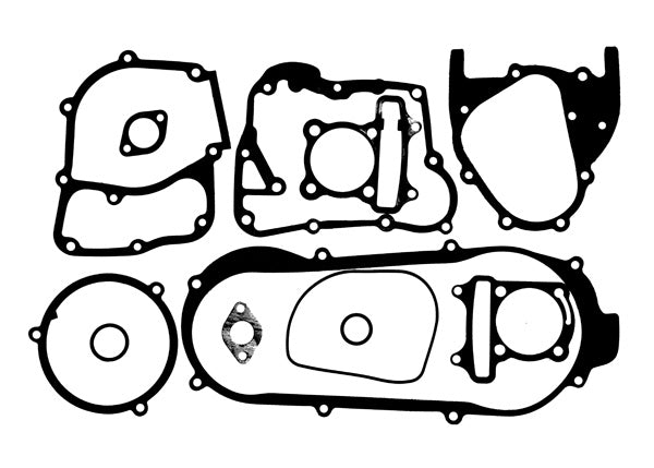 Gasket Set for GY6B Short Case Engines with 170cc and 180cc Big Bore Kits, featuring various-sized gaskets arranged together, suitable for head and base of GY6B engines.