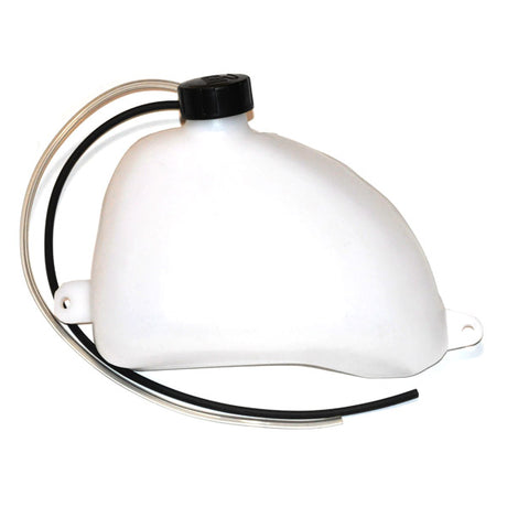 Version 2 Fuel Tank with Cap and Two Mounting Tabs for Gas Scooters, featuring a white plastic container with a black cap, designed for mini choppers and gas scooters, including fuel lines.