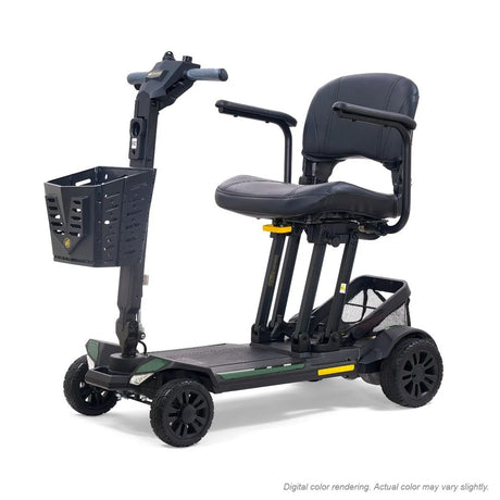 Golden Buzzaround CarryOn GB120B scooter shown with the Army Green shroud kit (MBA-0036), digital color rendering