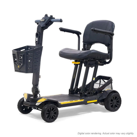 Golden Buzzaround CarryOn GB120B scooter shown with the Canary Yellow shroud kit (MBA-0031), digital color rendering
