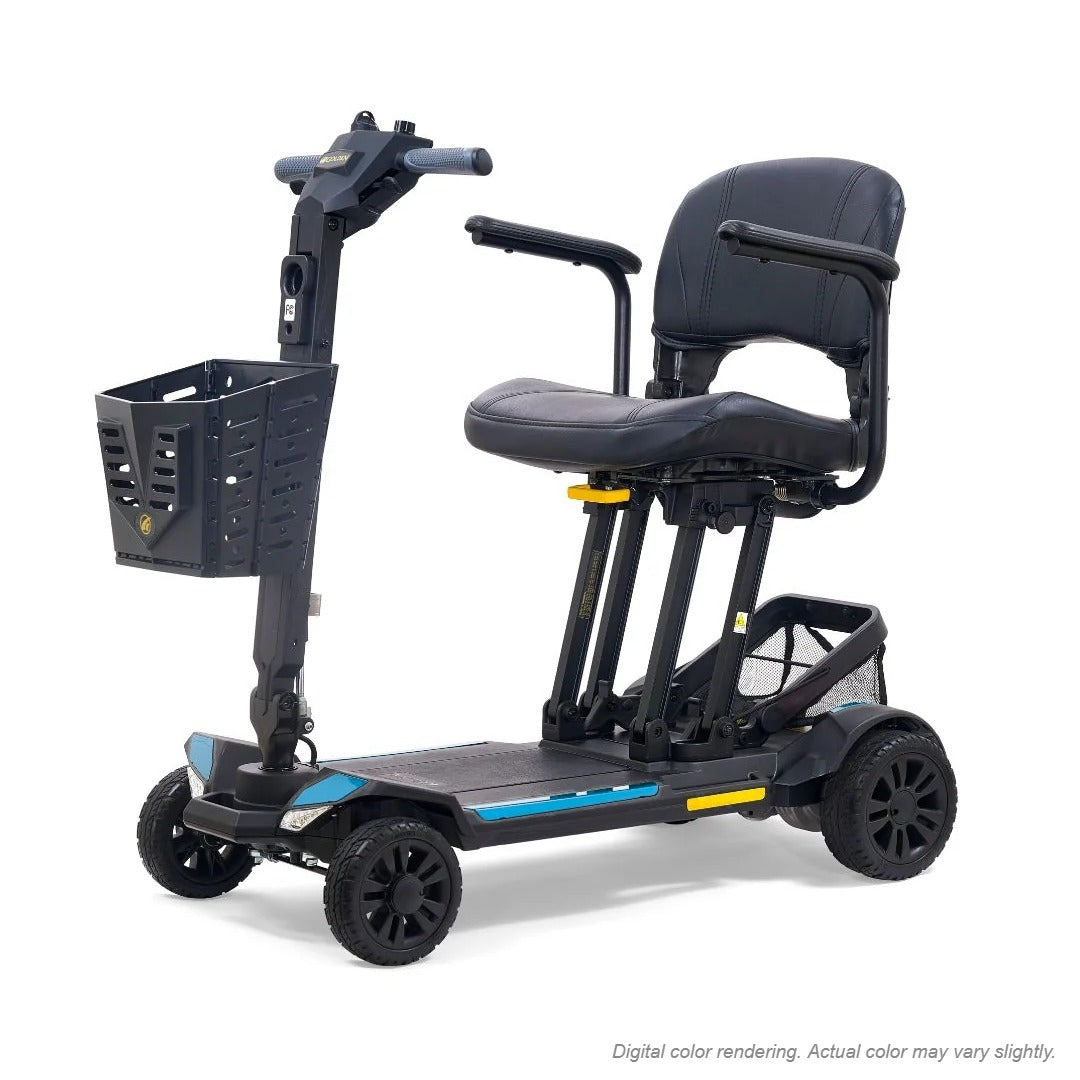 Golden Buzzaround CarryOn GB120B scooter shown with the Coastal Blue shroud kit (MBA-0034), digital color rendering