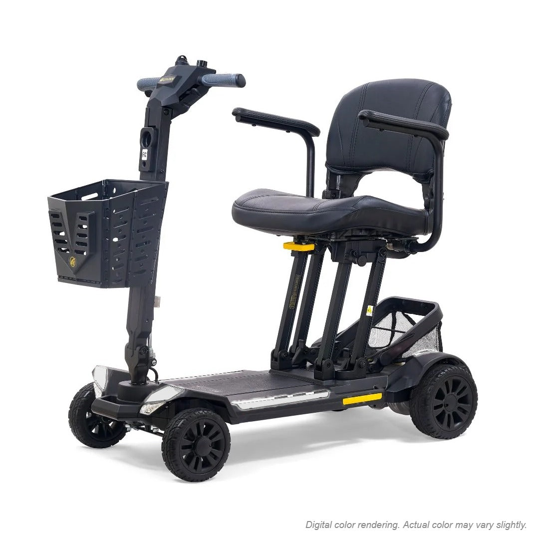 Golden Buzzaround CarryOn GB120B scooter shown with the White shroud kit (MBA-0035), digital color rendering