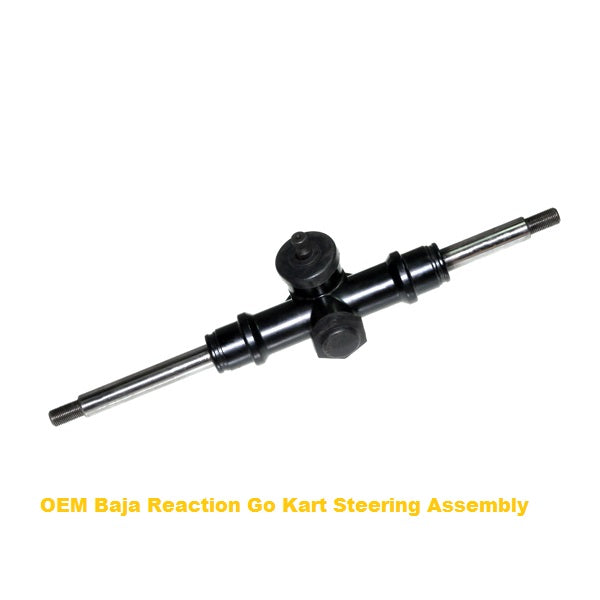 Steering Gearbox Assembly for 125cc, 150cc, & 250cc Go-Karts featuring a black and silver steering wheel and a black fuel injector with knobs.