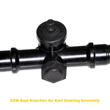 Steering Gearbox Assembly for 125cc, 150cc, & 250cc Go-Karts, showing a close-up of the black plastic gearbox with a nut and attached pipe, essential for aftermarket go-kart steering.