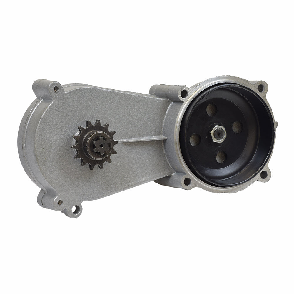 Gearbox Transmission for 40cc & 47cc Engine Mini ATVs, Dirt Bikes, & Pocket Bikes, featuring a silver-grey metal structure with visible gears and a black circular component, highlighting intricate machine detailing.