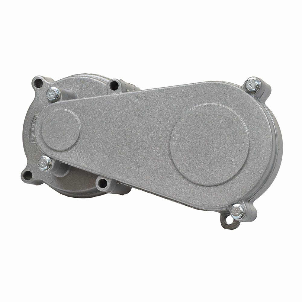 Gearbox Transmission for 40cc & 47cc Engine Mini ATVs, Dirt Bikes, & Pocket Bikes, showing a close-up of its grey metal structure with multiple holes and screws.