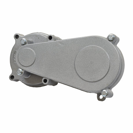 Gearbox Transmission for 40cc & 47cc Engine Mini ATVs, Dirt Bikes, & Pocket Bikes, showing a close-up of its grey metal structure with multiple holes and screws.