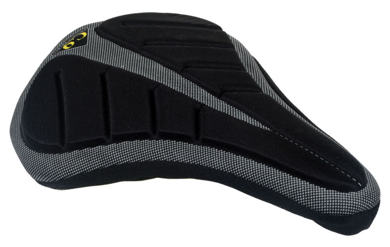 Gel Seat Cover for ATB Style Seats by Sunlite, shown fitted on a black and grey bicycle seat, provides comfort for bikes, scooters, and more. Ideal for enhancing your ride with added cushioning.