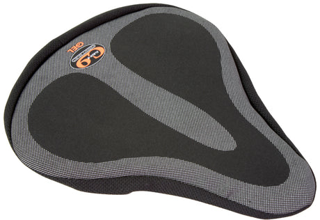 Gel Seat Cover for Sport Cruiser Style Seats displayed on a black and grey bicycle seat, designed for comfort and compatibility with various bike and scooter types.