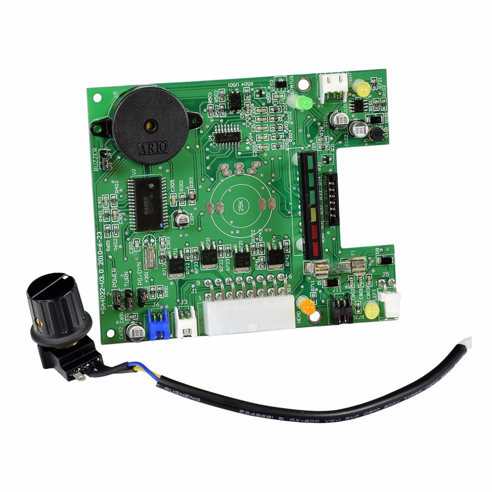 PC Board for ActiveCare Osprey 4410, Pilot 2310, Pilot 2410, Prowler 3310, & Prowler 3410 Scooters showing green circuit board with multiple components and a black wire.