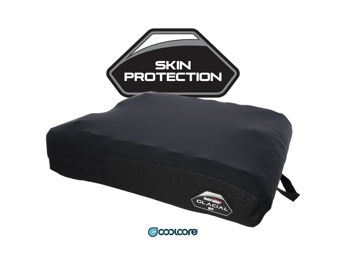 Stealth Glacial SP Seat Cushion for Jazzy & Quantum Power Chairs, a black high-density foam cushion with a contoured design and visible logo, designed for comfort and easy cleaning.