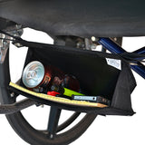 Glove Box Under Seat Bag for Wheelchairs attached to a bicycle, showcasing its wide opening and secure tilted design, with items visible inside, demonstrating its practical accessibility and storage capacity.