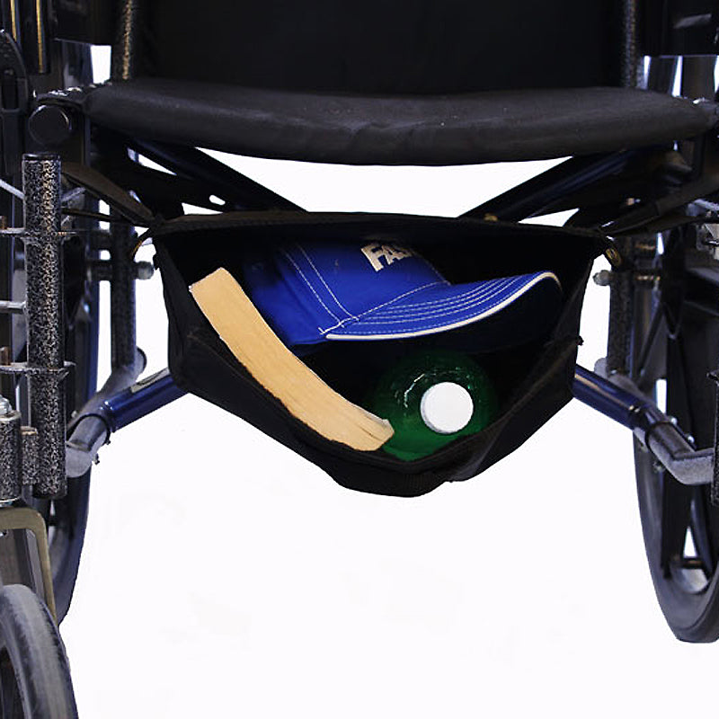 Glove Box Under Seat Bag for Wheelchairs with cap and bottle inside, featuring a wide front opening for easy access and a tilted axis for secure storage.