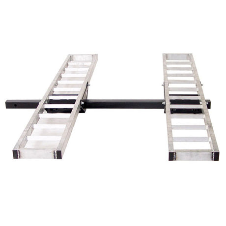 Aluminum ATV & Go-Kart Carrier featuring adjustable twin aluminum rails on a sturdy frame, suitable for lightweight ATVs and go-karts up to 400 lbs, with an anti-tilt locking device.