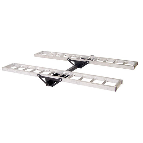 Aluminum ATV & Go-Kart Carrier shown with adjustable metal rails on a white background. Designed for lightweight vehicles, it features rustproof aluminum construction and a 400 lb carrying capacity.