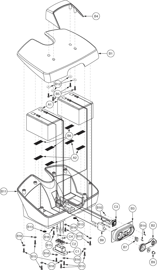 Diagram of the Standard Capacity Battery Box Assembly for the Go-Go Elite Traveller (SC40E/SC44E) showing parts and screws, highlighting its removable feature for easy battery replacement.