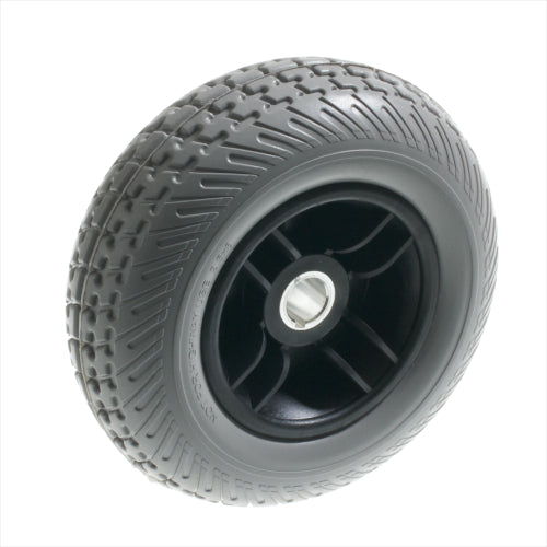 8x2.50 Gray Flat-Free Rear Wheel Assembly with Black Rim for Go-Go & Pride Travel Mobility Scooters, featuring a close-up of the wheel's solid, non-marking tire and metal center.