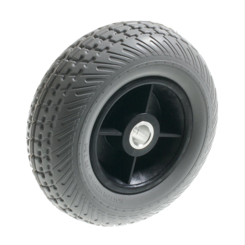 8x2.50 Gray Flat-Free Rear Wheel Assembly with Black Rim for Go-Go & Pride Travel Mobility Scooters, featuring a solid gray tire and sleek black center hub, shown in a close-up view.