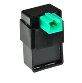 CDI Module (Ignitor) for 50cc, 90cc, 110cc, 125cc, & 150cc Go-Karts, featuring a black and green electrical device with a close-up of a green connector.