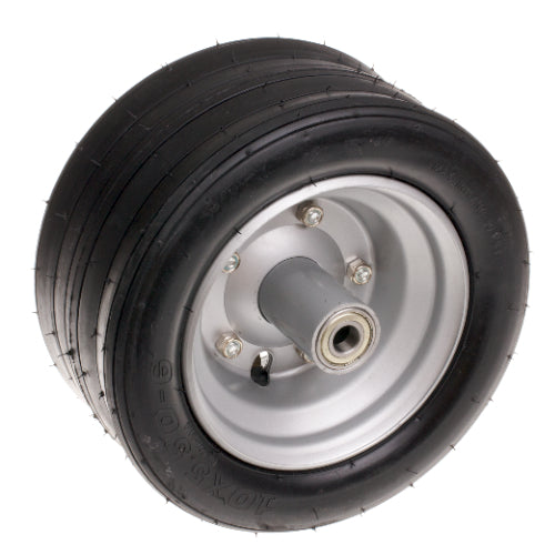 Honda Minimoto Go Kart Rear Wheel Assembly - Left Side featuring a metal rim, 10x5.50-6 tire, tube, and bearings in a complete rear wheel setup.