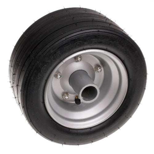 Honda Minimoto Go Kart Rear Wheel Assembly - Right Side, featuring a 10x5.50-6 tire, metal rim, and visible bearings. Close-up highlights the tire's tread and rim details.