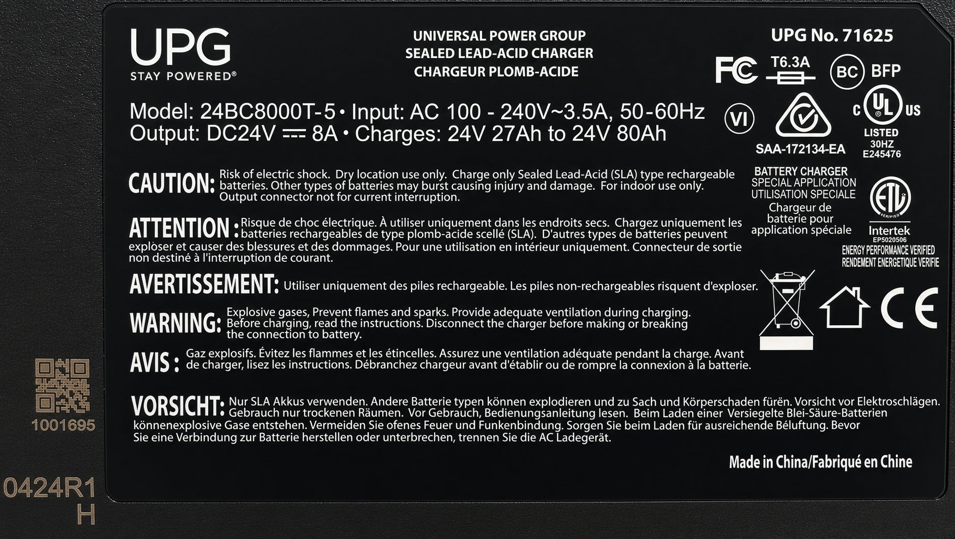 Charger data plate listing UPG specifications, input and output ratings, and UL Listing

