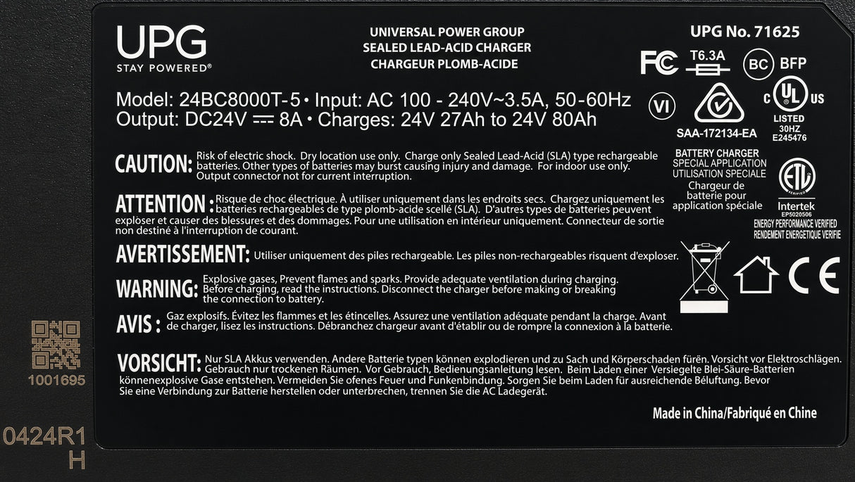 Charger data plate listing UPG specifications, input and output ratings, and UL Listing
