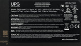 Charger data plate listing UPG specifications, input and output ratings, and UL Listing
