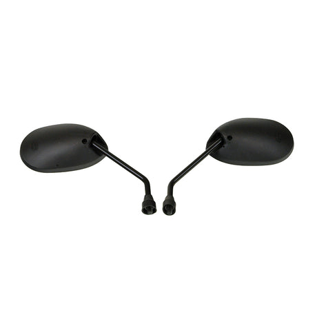 Mirrors for the Golden Buzzaround Lite (GB106), Companion I (GC240), & Companion II (GC340, & GC440) (Set of 2) – close-up of two mirrors with bent arms and black metal bars for scooters.