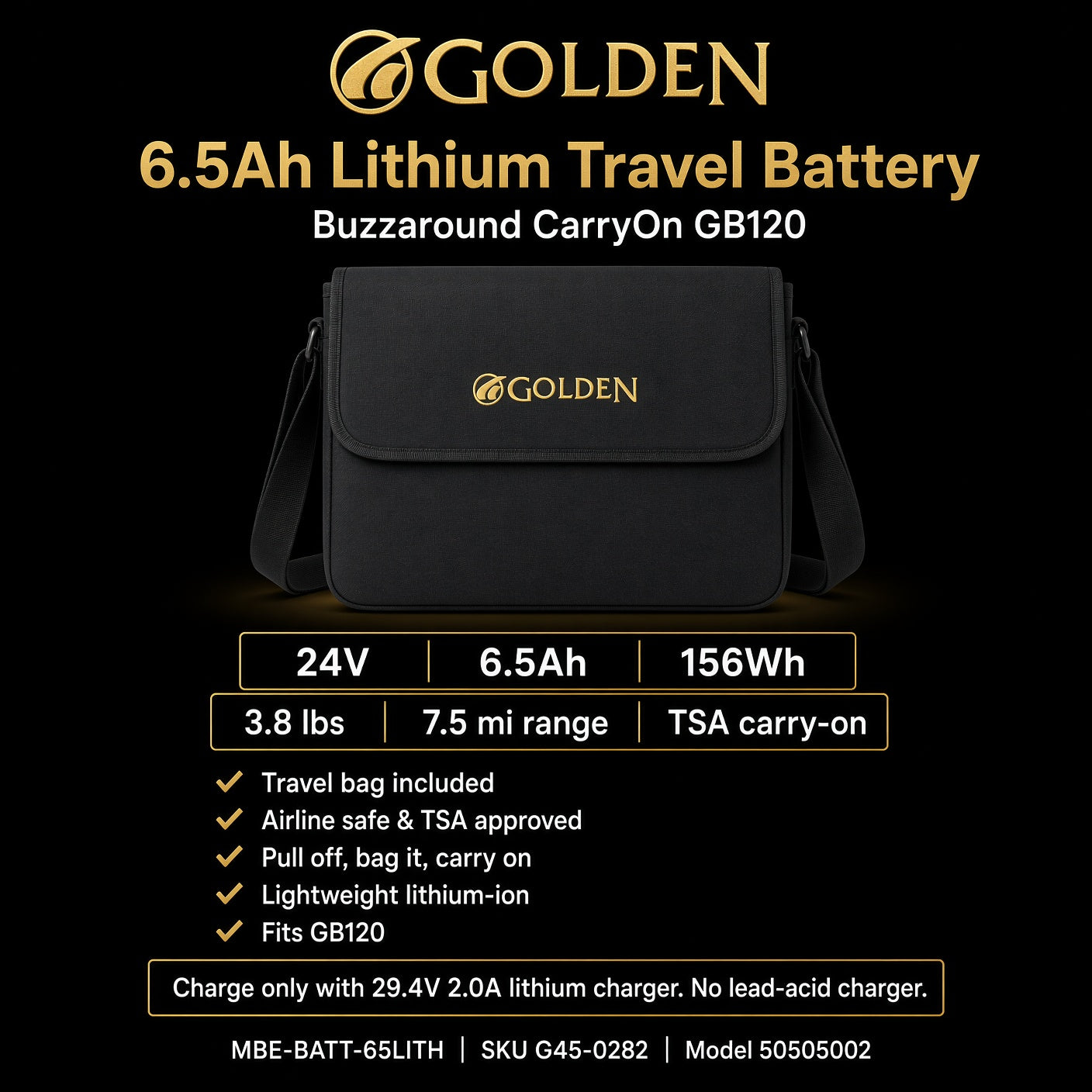 Golden 6.5Ah lithium travel battery in logo bag for Buzzaround CarryOn GB120, TSA airline carry-on