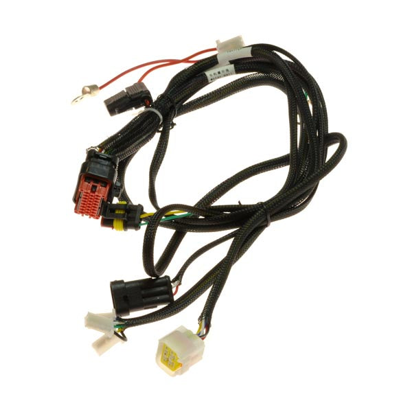 Close-up view of the HPC Controller Wiring Harness from Golden Motor Technology, featuring a 23-pin water-resistant connector and heat-shrink tubing for electrical wiring.