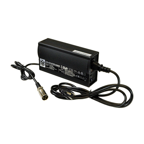 24 Volt 5.0 Amp HP8204B Battery Charger for Golden Technologies Mobility Scooters & Power Chairs, featuring a black power supply with an attached cable and close-up of charger details.