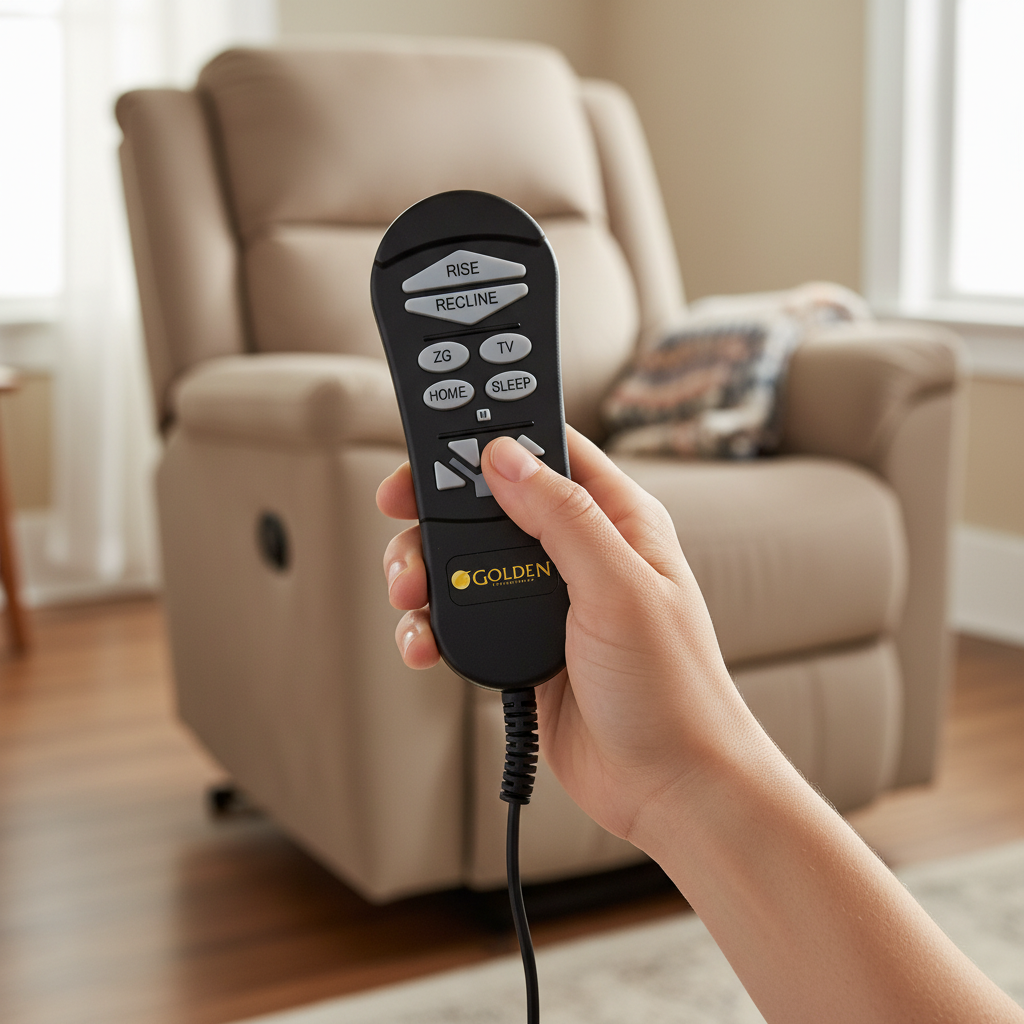 Hand holding a Golden lift chair remote control with a recliner in the background