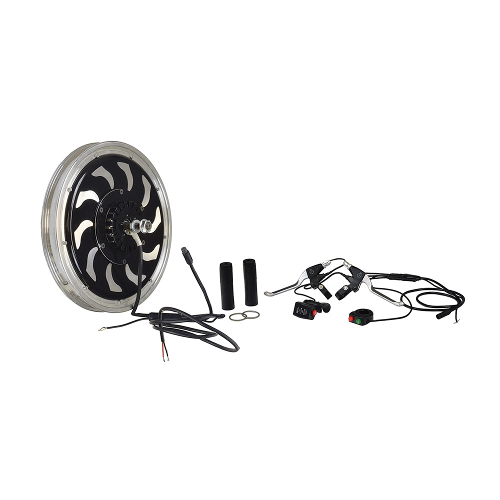 48 Volt Electric Bike Conversion Kit with Magic Pie 3 Hub Motor and 16 Cast Rim, featuring a black and silver wheel with visible wires and cables for seamless installation.