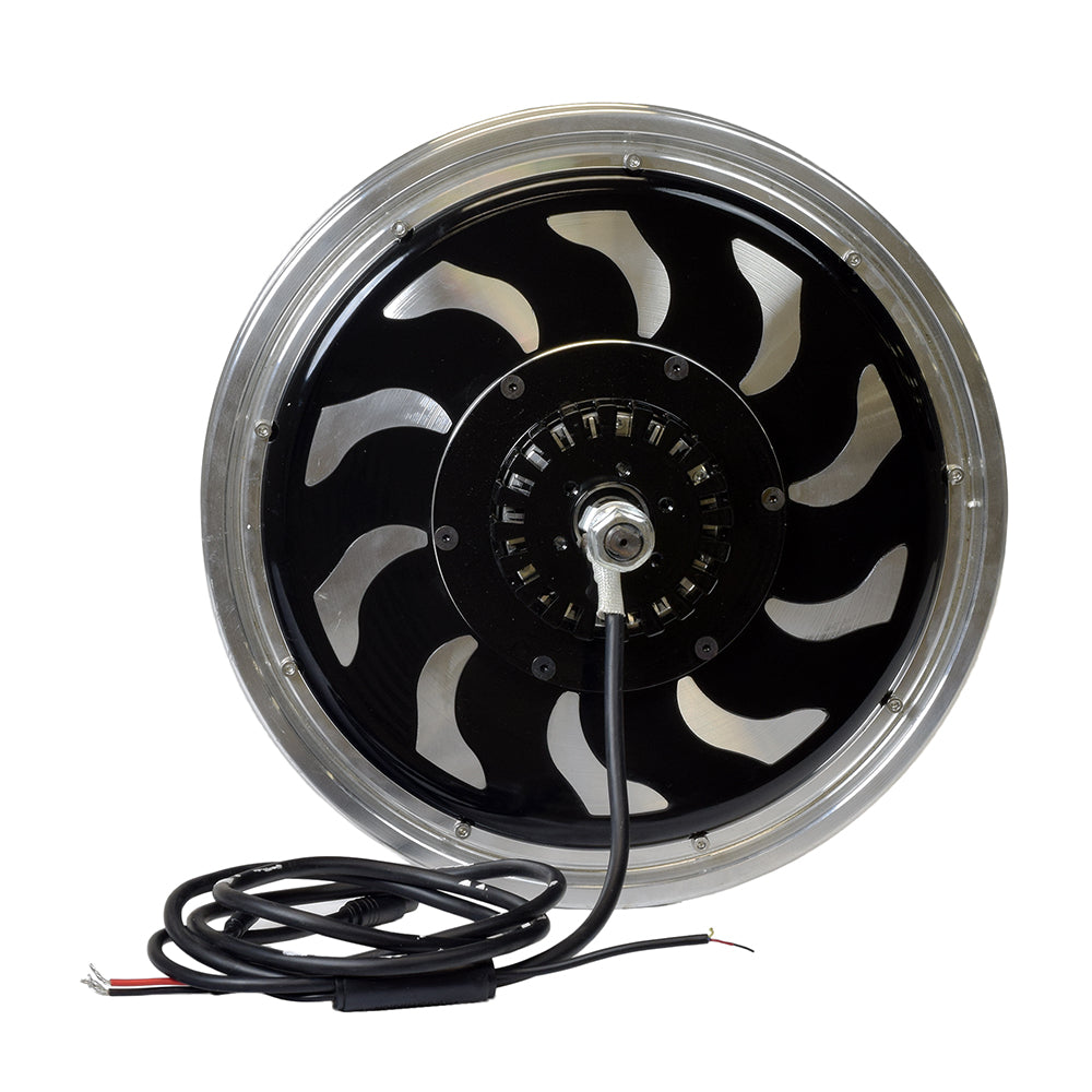 48 Volt Electric Bike Conversion Kit with Magic Pie 3 Hub Motor, featuring a black and silver circular motor with an attached black wire and a built-in cooling fan.