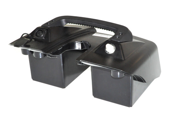 Battery Box Assembly with Batteries for the Go-Go Travel Vehicle (SC40/SC44) showing a black box with a built-in handle, designed for compatibility with Pride Mobility scooters, featuring two 12 volt 12 Ah AGM batteries.