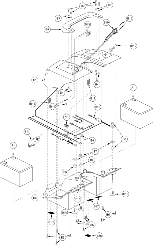 Battery Box Assembly with Batteries for the Go-Go Travel Vehicle (SC40/SC44), shown in a detailed technical drawing, illustrating the complete assembly with two 12 volt 12 Ah AGM batteries.