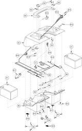 Battery Box Assembly with Batteries for the Go-Go Travel Vehicle (SC40/SC44), shown in a detailed technical drawing, illustrating the complete assembly with two 12 volt 12 Ah AGM batteries.