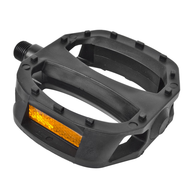 Pair of 2 Grabber Platform Pedals, black plastic with a broad platform, yellow reflectors, and non-slip pin design, suitable for fat-tire bikes or adult trikes.