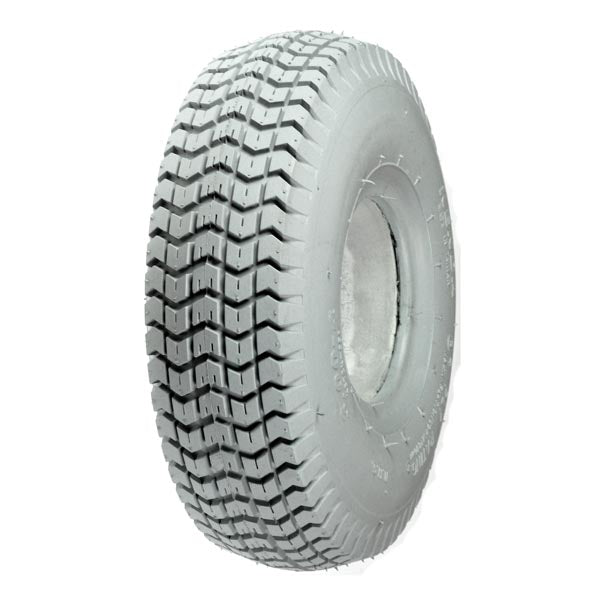 Close-up of the 3.00-4 (10x3, 260X85) Gray Foam-Filled Mobility Tire with K372 Turf Tread, displaying the detailed tread pattern designed for mobility scooters and power chairs.