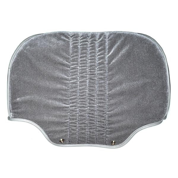 Gray Fabric Seat Back for Pride Shuttle (SC100/SC140), Rally (SC150/SC151/SC155), and Victory (SC160/SC170/SC1600/SC1700) Mobility Scooters, featuring a cushioned velvet texture with silver straps and button accents.