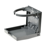 Gray Folding Cup & Drink Holder (No Mounting Hardware): A close-up of a gray plastic folding cup holder designed for mobility scooters, power chairs, and wheelchairs, featuring six pre-drilled mounting holes.