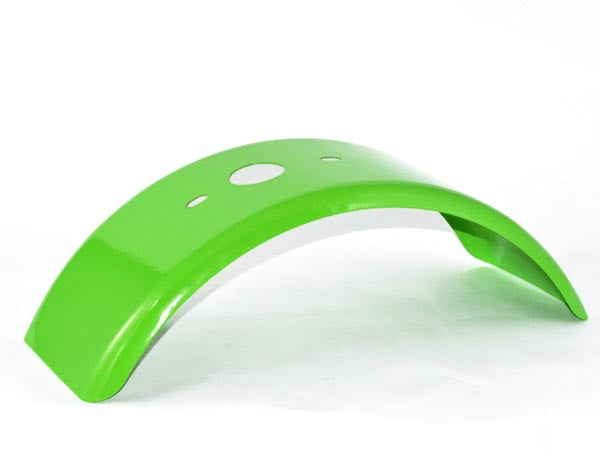 Green Front Fender for the Baja Doodle Bug (Blitz, Dirt Bug, Racer) Mini Bike, featuring a durable design with multiple holes for mounting, shown against a plain white background.