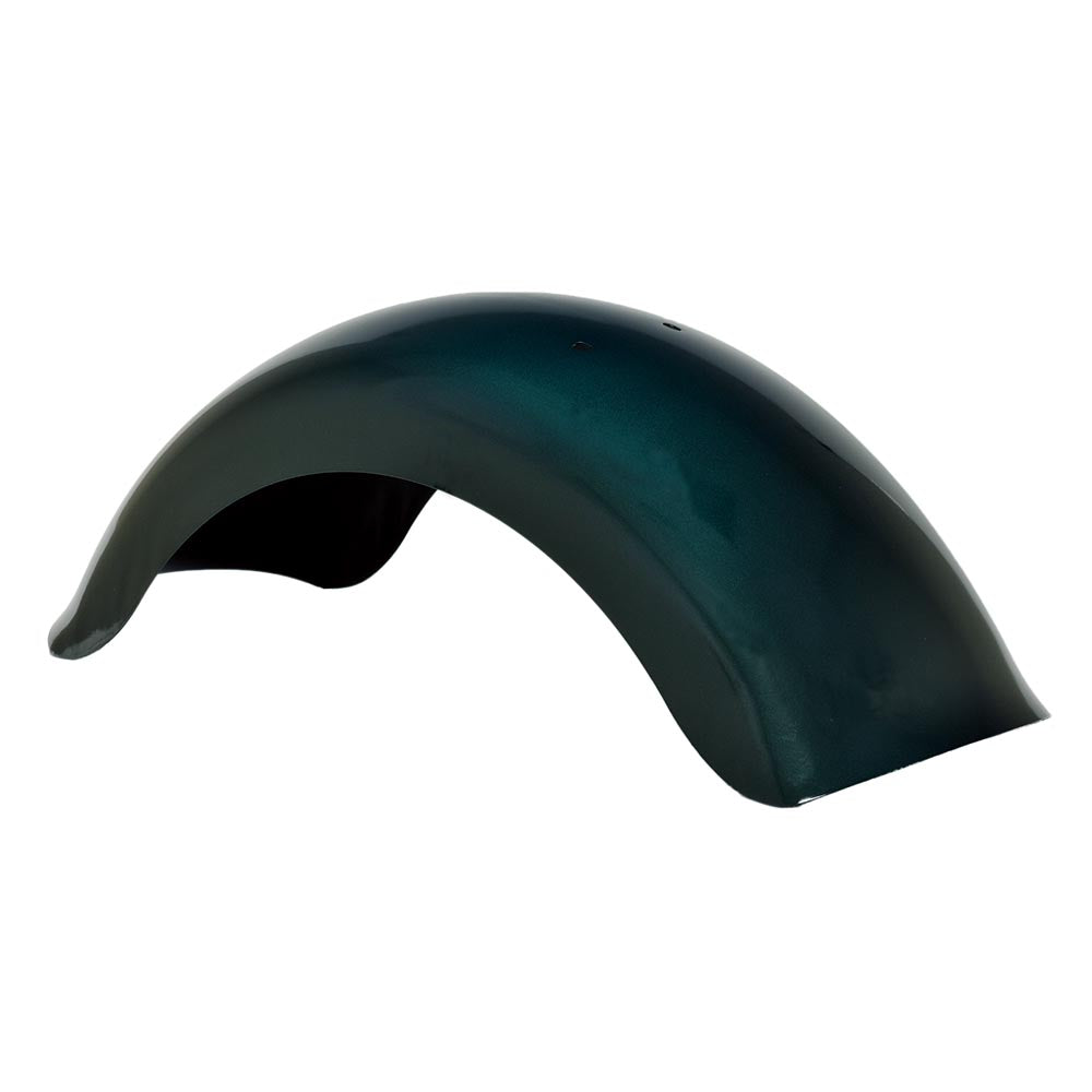 Green Metal Front Fender for Baja Mini Bike MB165, showing a sturdy green and black metal structure, designed for Baja Heat, Mini Baja, and Baja Warrior models, displayed against a white background.