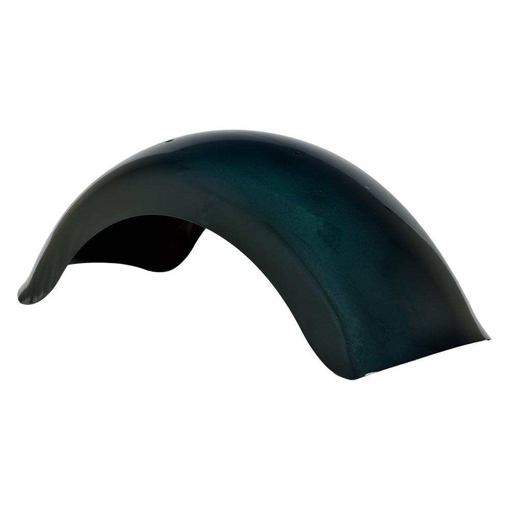 Green Metal Front Fender for Baja Mini Bike MB165 (Baja Heat, Mini Baja, Baja Warrior) shown on a white background, highlighting its sturdy steel construction and sleek design.