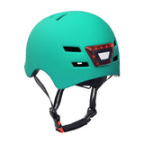 Dual Light-up Helmet for Bikes & Scooters featuring a green exterior, adjustable strap, and visible red taillight.