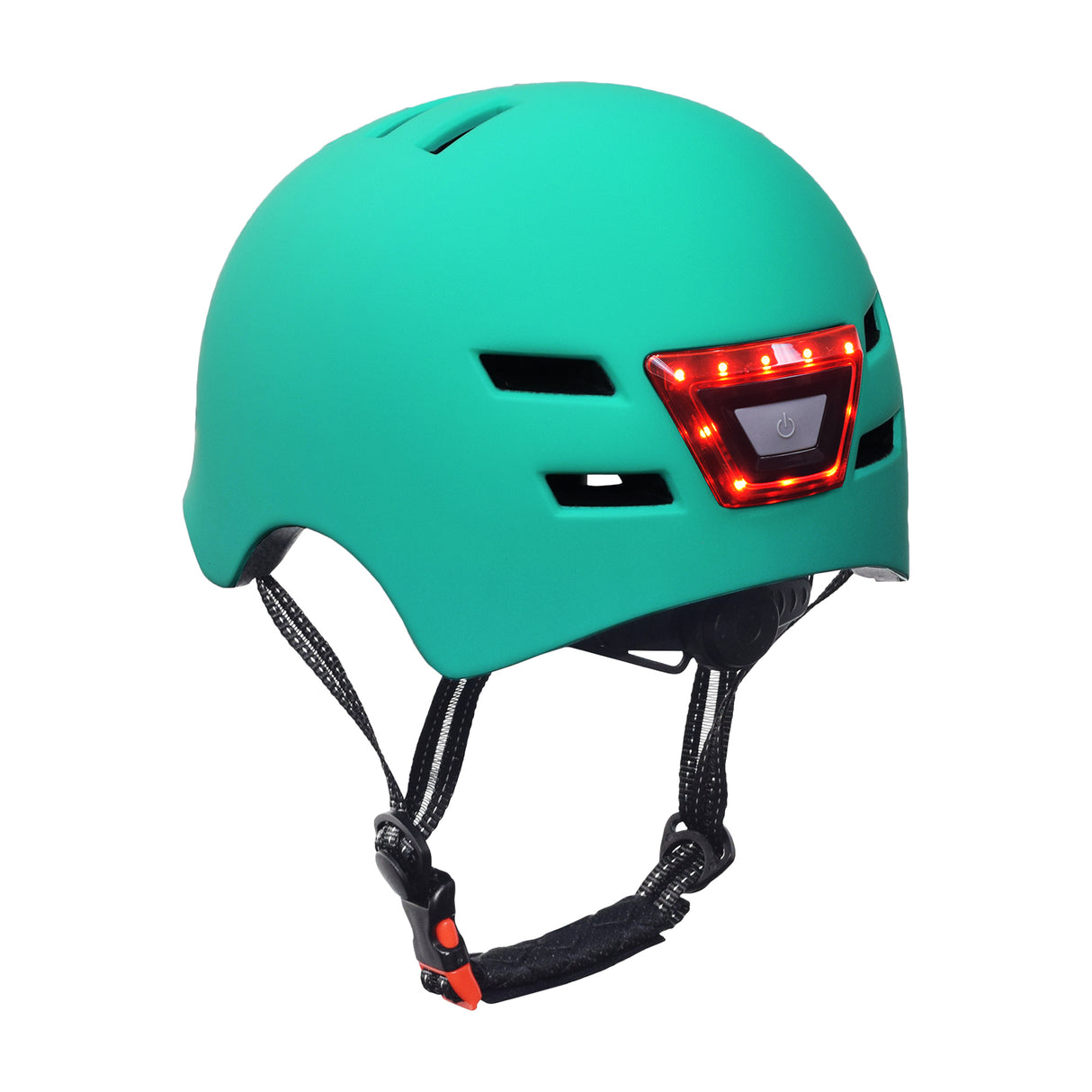 Dual Light-up Helmet for Bikes & Scooters with a green hardshell exterior featuring red LED lights for safety. Includes an adjustable fit and USB charging port for the built-in Lithium battery.