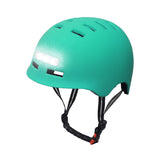 Dual Light-up Helmet for Bikes & Scooters with a hardshell exterior, integrated white 3-LED headlight, red 10-LED taillight, and adjustable straps, shown with a close-up of the lights and strap.