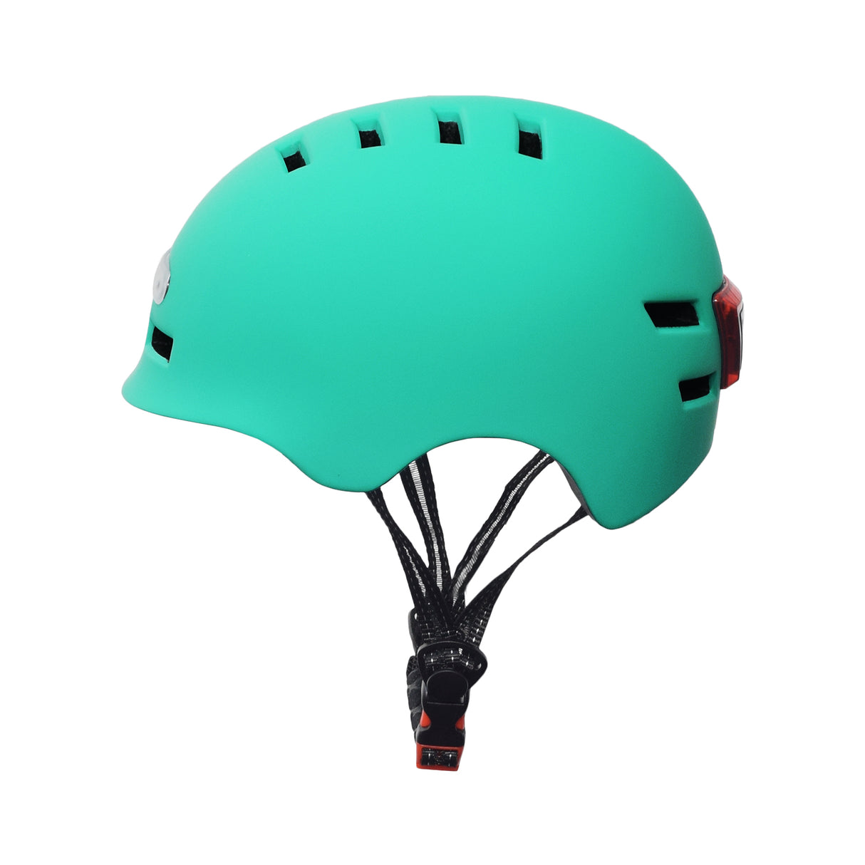 Dual Light-up Helmet for Bikes & Scooters with impact-resistant hardshell, black straps, and multiple LED lights for safety. Features a USB charging port and 14 air vents.